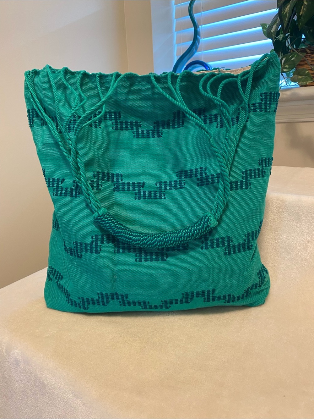 Mercado Global 💯% Cotton Teal Woven Tote with Braided Handles